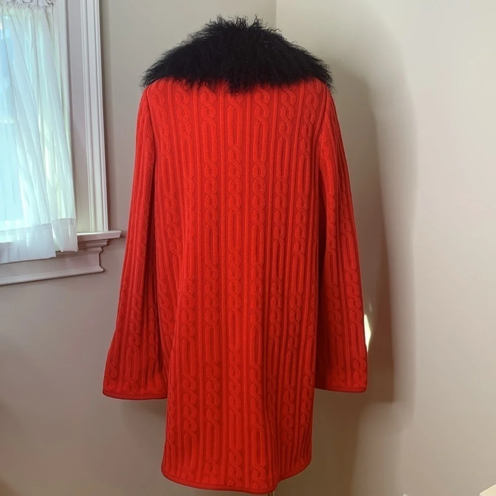 Lola Made in Italy Red Black Cable Knit Fur Collar Duster Cardigan Coat 8 44 - Picture 11 of 17